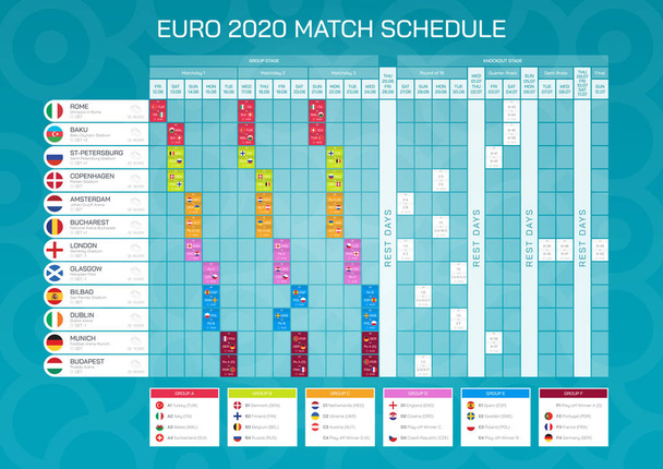 Ergebnistabelle der Fußball-EM 2020 mit Fahnen. Spielplan der Fußball-Europameisterschaft. alle europäischen Länder, die an der Endrunde teilnehmen. - Vektor, Bild