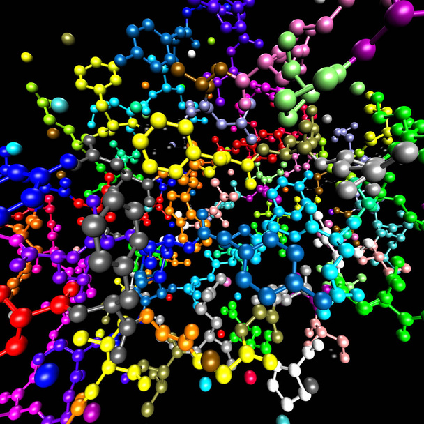 Modelo colorido de bola y palo de una proteína con aminoácidos codificados por colores
 - Foto, imagen