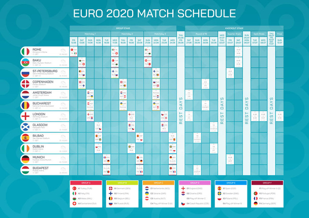 Spielplan der EM 2020 mit Flaggen. Fußball-EM 2020, Vektorillustration - Vorlage für Web und Print. - Vektor, Bild