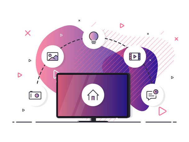 Small house standing on screen televison and wireless connections with icons electronics devices. Trendy flat vector on white background. Vector Illustration. - Vector, Image