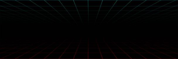 Grid lines in perspective. Abstract background. Grid seamless pattern background. Panorama view. Neon background with laser grid in design 80s. Perspective grid in red and green color. Vector illustration - Vector, Image