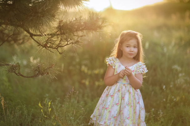 Menina bonito fica em um vestido no fundo de raios de sol sob um galho de árvore
 - Foto, Imagem