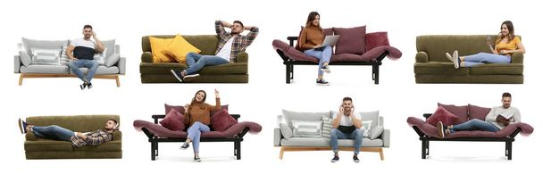 Collage with young people resting on sofas against white background - Photo, Image