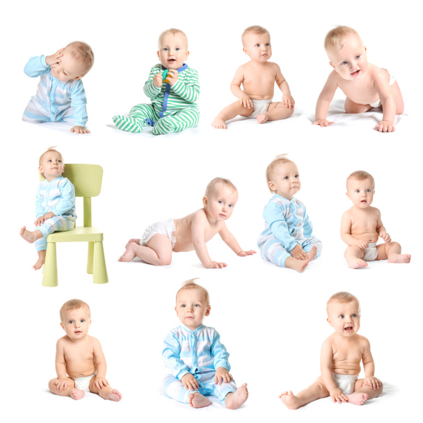 Collage avec des petits bébés mignons sur fond blanc
 - Photo, image