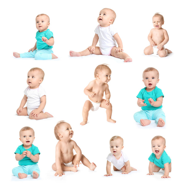 Collage with cute little babies on white background - Photo, Image