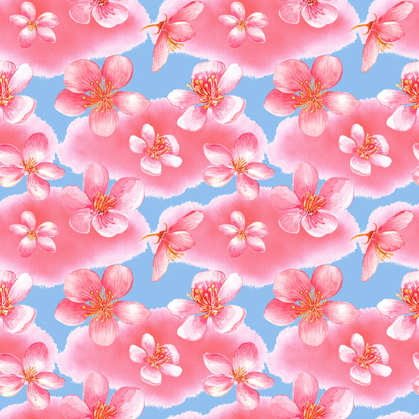 Seamless floral pattern with pink cherry blossom, sakura flowers on a  blue background. Stock illustration. Hand painted in watercolor. - Foto, afbeelding