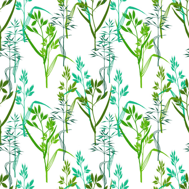 Floral seamless pattern with leaves and grass in hand drawing line sketch style, colourful illustration on white background - Photo, Image