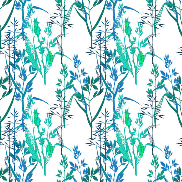 Květinový bezešvý vzor s listy a trávou v ručně kreslené kreslicí čáře styl, barevné ilustrace na bílém pozadí - Fotografie, Obrázek