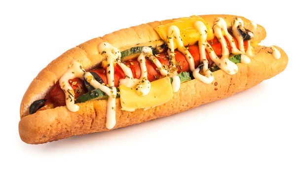 Tasty hot dog on white background - Foto, Imagem