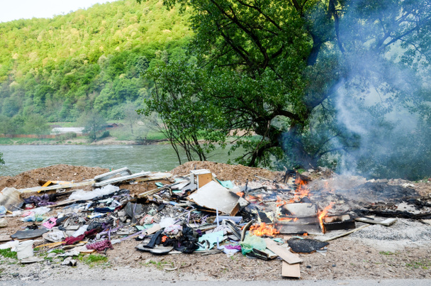 Nehir kenarındaki ormanda çöp ve çöp yangını - Fotoğraf, Görsel