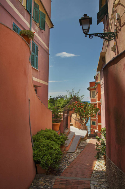 Calle estrecha del pueblo pesquero Boccadasse, con edificios coloridos y encantadores, parte de la ciudad de Génova. - Foto, Imagen