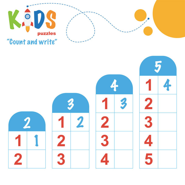 Facile contare matematica colorata e scrivere pratica foglio di lavoro per bambini in età prescolare e delle scuole elementari
. - Vettoriali, immagini