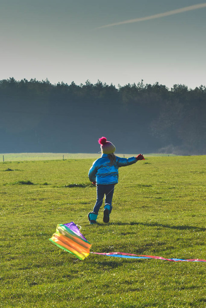 Child flying a kite outdoors on a sunny clear day in a country f - Fotó, kép