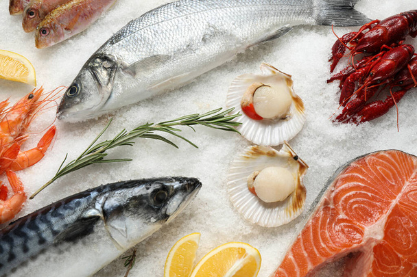 Fresh fish and seafood on ice, flat lay - Foto, imagen
