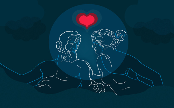 Poster, Illustration for Valentines day gift about relations, love, sex, dispute resolution. Ancient Greek gods Zeus, Hera in bedroom on dark blue background. Website, facebook cover, article, banner. - Photo, Image