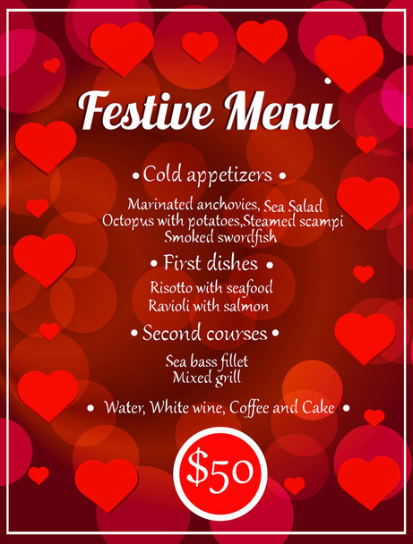 Festive menu background. Design for greeting cards and poster with transparent hearts. Vector. - Vector, Image