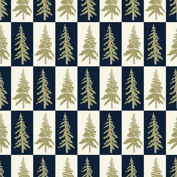 Vektorgrüne Bäume auf beige-blauem Hintergrund, die das Muster nahtlos wiederholen. Hintergrund für Textilien, Bucheinbände, Fertigung, Tapeten, Druck, Geschenkpapier und Scrapbooking. - Vektor, Bild