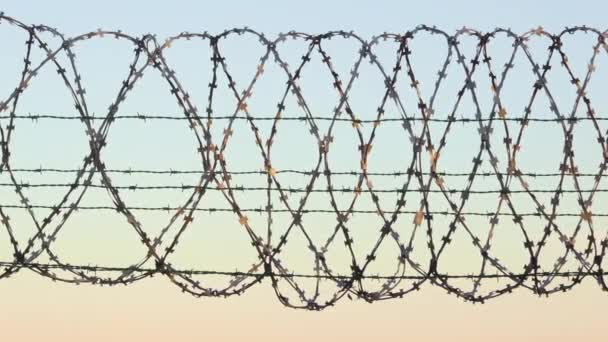 背景にスパイクと空で覆われた有刺鉄線フェンス。空港、刑務所や国境などの高いセキュリティ施設を守る錆びたチェーンリンクフェンス - 映像、動画