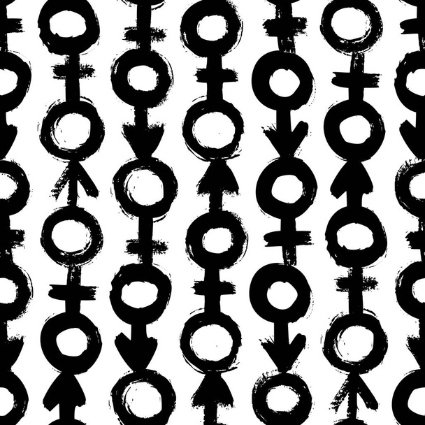 Zeichen geschlechtsnahtloser Pinselstriche. Vektor monochrome Grunge-Textur aus den Symbolen von Venus und Mars. - Vektor, Bild