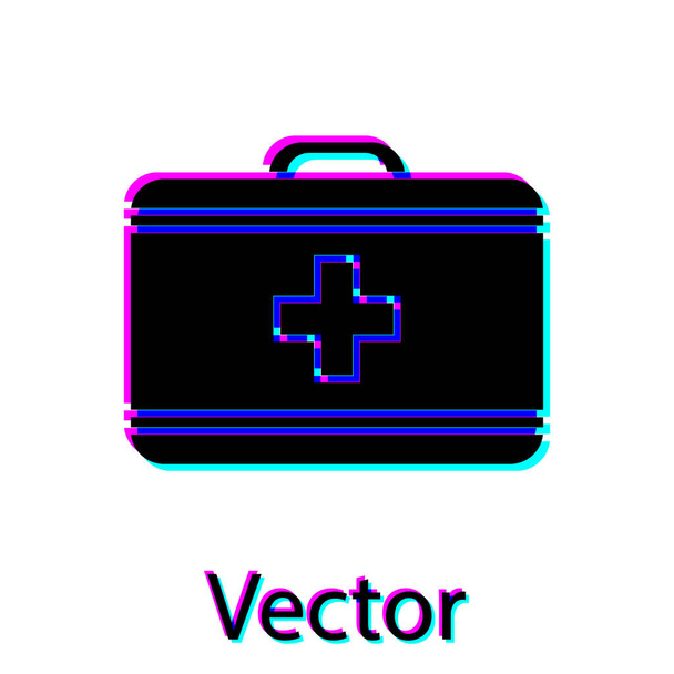 Ікона чорної першої допомоги ізольована на білому тлі. Медична коробка з хрестом. Медичне обладнання для надзвичайних ситуацій. Концепція охорони здоров'я. Векторний приклад - Вектор, зображення