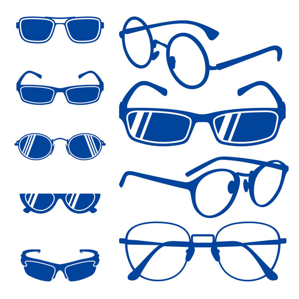 Набір піктограм для сонцезахисних окулярів Векторний шаблон, окуляри для окулярів, гейкові окуляри різної форми моделі Векторні силуети піктограм. Ілюстрація модного асортименту окулярів
 - Вектор, зображення