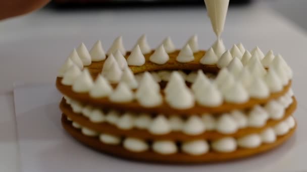 woman decorates a cake in her kitchen. pastry chef at work - Footage, Video