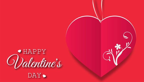 Valentine's day concept with red paper hearts hanging and floral paper, Paper cut style, Vector symbols of love,red gradient background - Vektor, obrázek