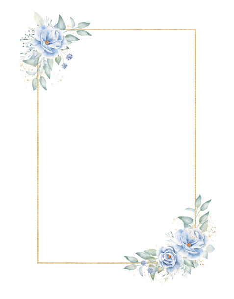 Rectangular golden frame with floral elements hand drawn raster illustration - Photo, Image
