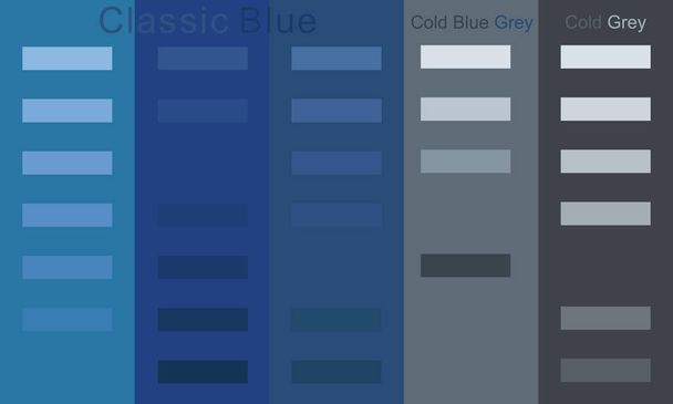 Κλασικό μπλε χρώμα για να κρυώσει, κρύο μπλε γκρι χρώμα παλέτα τάση 2020 που. Ομαλή κλίση από το φως στο σκοτάδι. Μοναδικές χρωματικές παλέτες για σχεδιαστές και αρχιτέκτονες. Διάνυσμα παλετών αντιληπτικών χρωμάτων. - Διάνυσμα, εικόνα