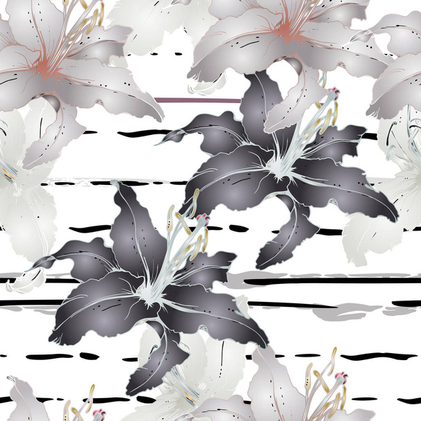 Floral Black and White Seamless Pattern. Stripe - Vector, Image