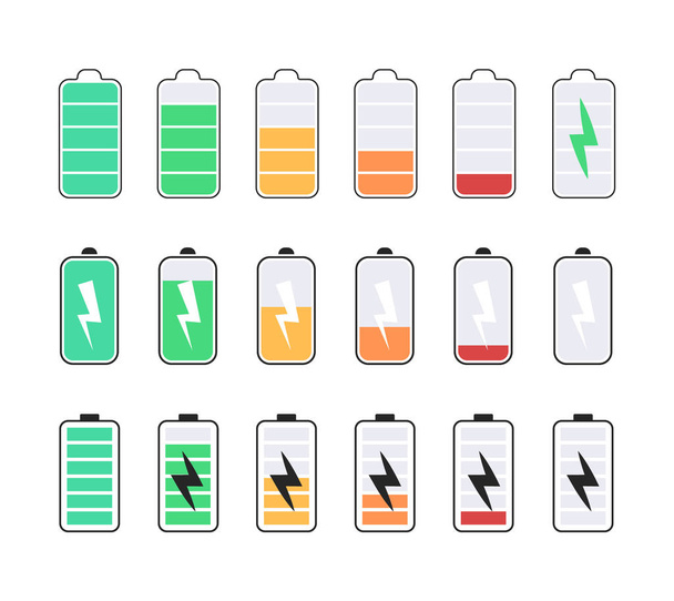 Vektor-Set von Batterie-Symbolen. Ladezustand des Akkus. Farb-Akku-Symbole. - Vektor, Bild