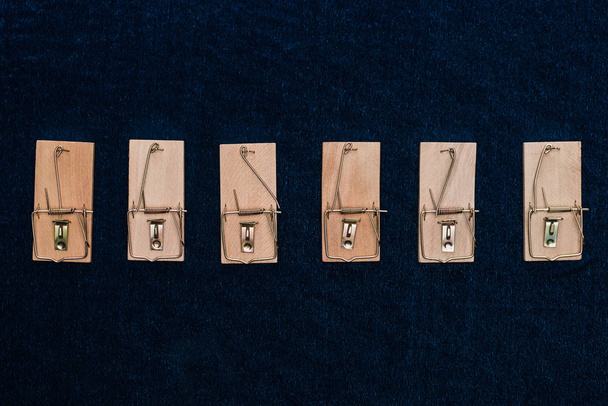 top view of wooden mousetraps in line on blue background - Photo, Image