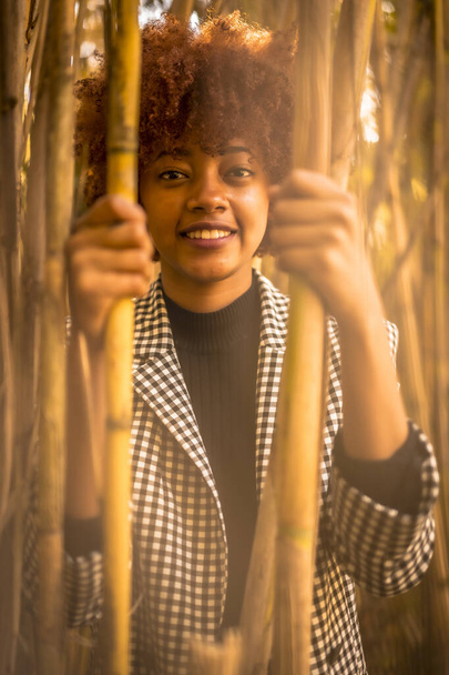jovem atraente mulher afro-americana escondida em bambu
 - Foto, Imagem