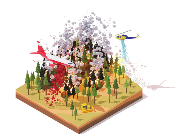 Vector isometric firefighting airplane and helicopter fighting wildfires - Vector, Image