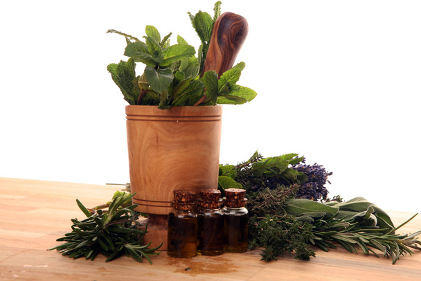 Čerstvé bylinky ze zahrady a různých typů olejů  - Fotografie, Obrázek