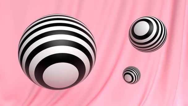 Abstracto 3D fondo de pantalla bola cosmética blanco y negro con fondo de tela rosa
. - Foto, Imagen