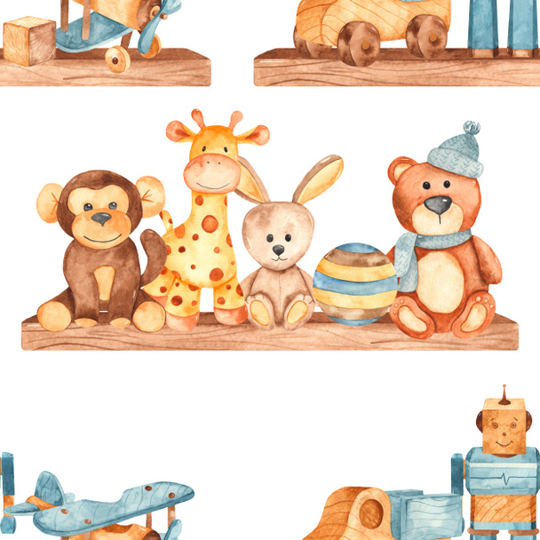 Watercolor seamless pattern with children's toys on a shelf - Photo, Image