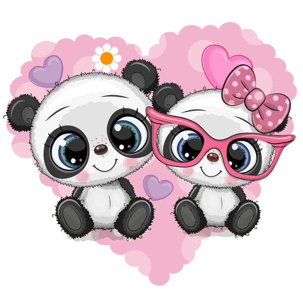 Cartoon Pandas on a heart background - Vector, Image