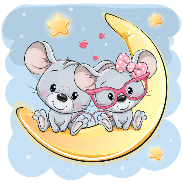 Cartoon Mouses is sitting on the moon - Vector, Image