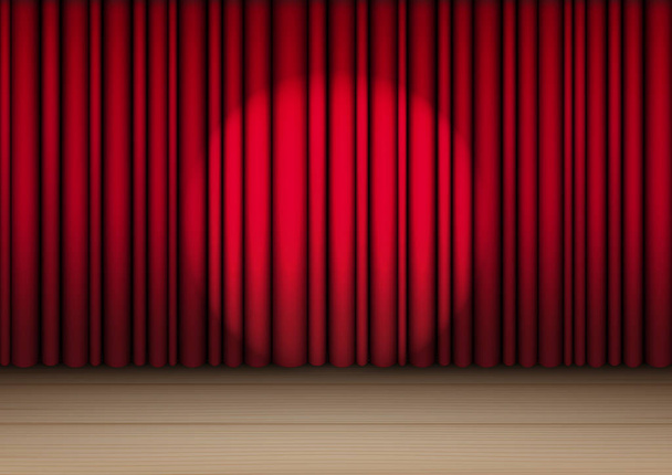 3d Mock up Realist Red Curtain on Wooden Stage or Cinema for Show, Concert or Presentation with Spotlight background illustration vector - Вектор, зображення
