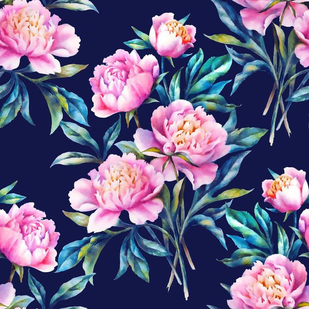 Watercolor hand paint pink peonies and leaves,seamless pattern. - Фото, изображение