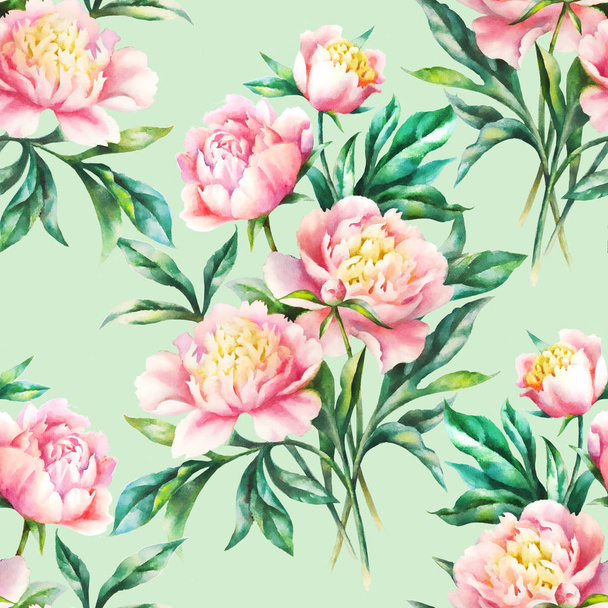 Watercolor hand paint pink peonies and leaves,seamless pattern. - Foto, imagen