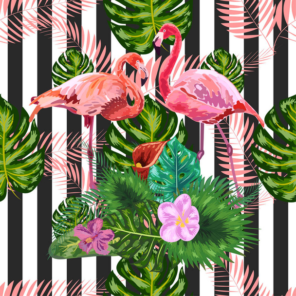 Seamless pattern with dark blue grunge stripes and pink flamingo - Vector, Image