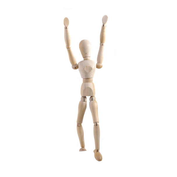 wooden dummy with a raised hands - Foto, afbeelding
