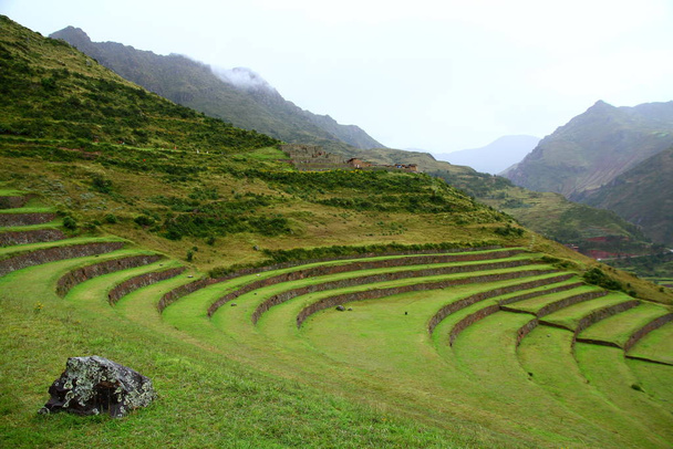 Circular shape Inca terraces on the slopes of Sacred Valley in Pisac Archaeological Complex in Peru. - Photo, Image