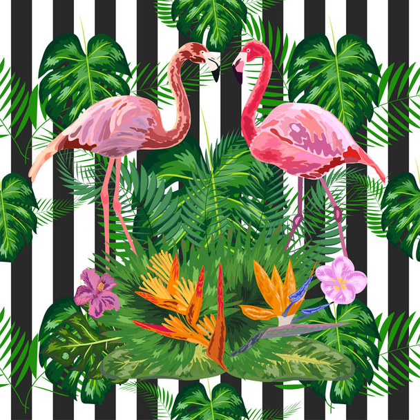 Naadloos patroon met donkerblauwe grunge strepen en roze flamingo - Vector, afbeelding