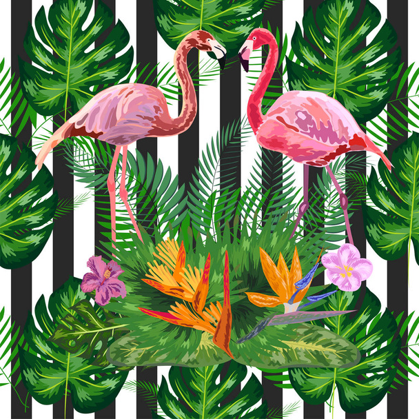 Zökkenőmentes minta sötétkék grunge csíkok és rózsaszín flamingo - Vektor, kép