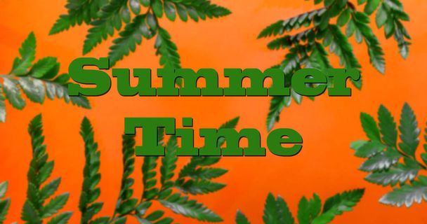 Hojas de helecho tropical sobre fondo de selva naranja, patrón floral de verano, tendencia plana vista superior
 - Foto, imagen