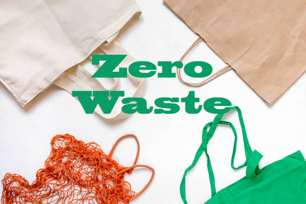 Zero waste concept. Set of Eco-friendly bags, string bags. Copy space, light background. - 写真・画像