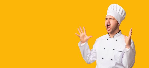 Emotional Chef Man Shouting Standing Over Yellow Studio Background, Panorama - Photo, image